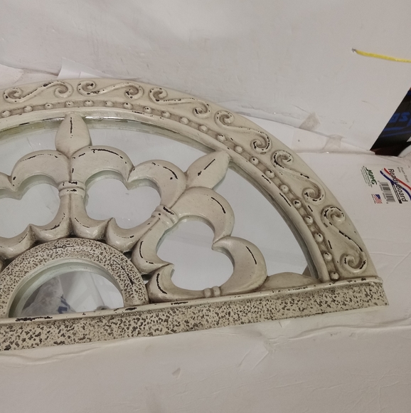 Half Moon Shape Mirror Window Distressed, Beige & Brown Metal Fleur-de-lis - Picture 4 of 7